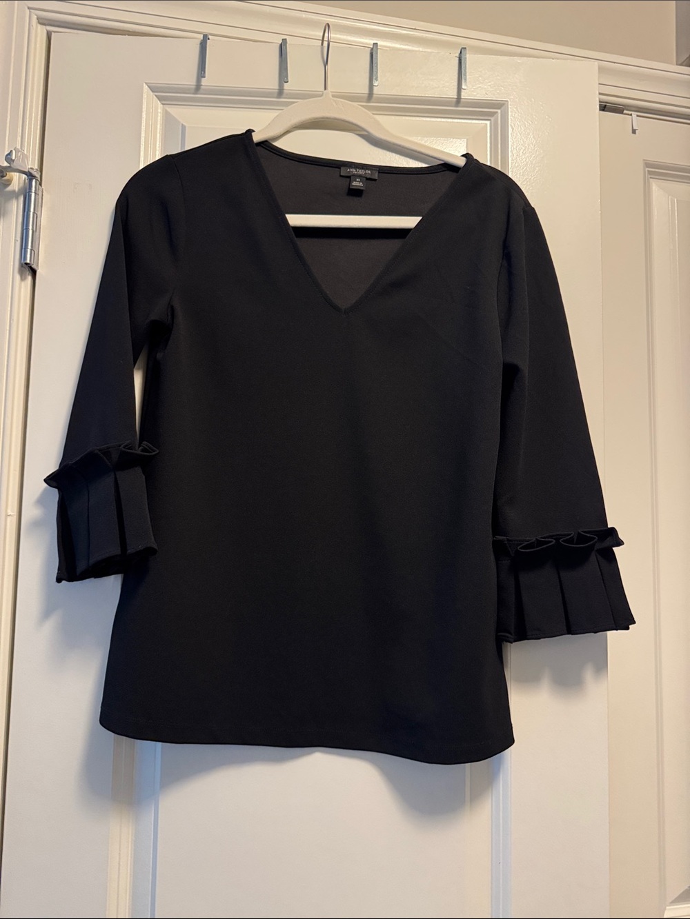 Ann Taylor Factory Black V-Neck 3/4 Sleeve Top with Ruffle Pleat Cuffs